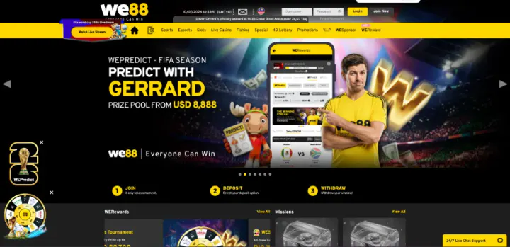 Screenshot of the WE88 homepage showing the WEPredict promotion banner and main navigation menu