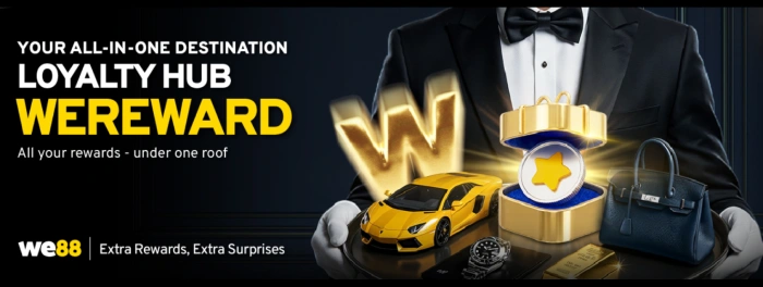 WE88 WEReward loyalty hub promotional banner featuring a gold sports car and gift box