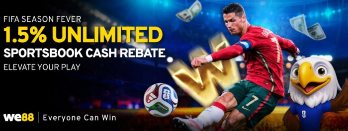 Sportsbook Cash Rebate Campaign WE88 sportsbook cash rebate promotional banner offering 1.5% unlimited cash rebate