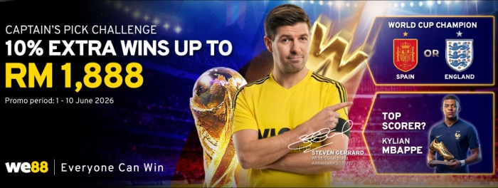 Captain's Pick Challenge Campaign WE88 Captain's Pick Challenge promotional banner featuring brand ambassador Steven Gerrard and a World Cup trophy
