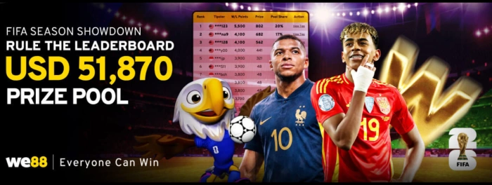 WE88 FIFA Season Showdown promotional banner showing a leaderboard and USD 51,870 prize pool