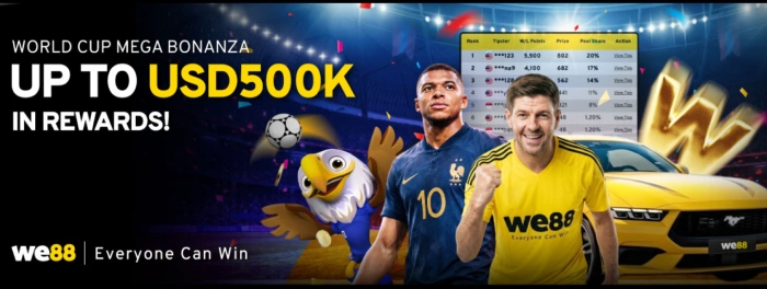 World Cup Mega Bonanza Campaign WE88 World Cup Mega Bonanza promotional banner offering up to USD500K in rewards