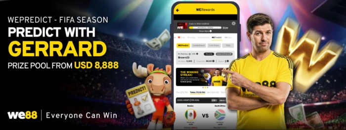 WE88 WEPredict promotional banner featuring Steven Gerrard and a prize pool from USD8,888
