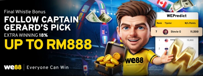 Final Whistle Bonus Campaign WE88 Final Whistle Bonus promotional banner featuring a cartoon Steven Gerrard and a bonus of up to RM888