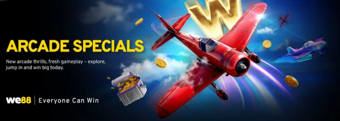 WE88 arcade specials feature graphic with a retro plane and treasure chest
