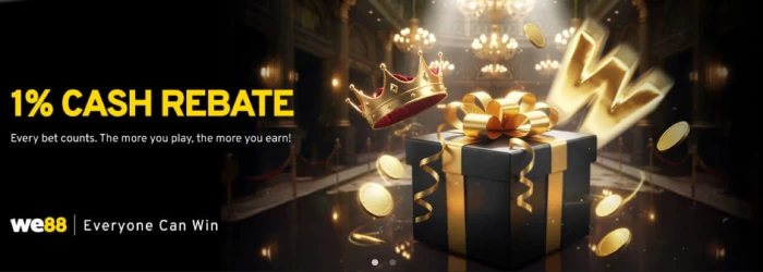 WE88 cash rebate feature graphic with a gift box and crown