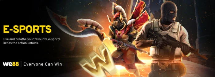 WE88 esports betting feature graphic with Dota 2 and Counter-Strike style characters