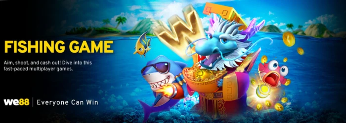 WE88 fishing game feature graphic with cartoon sea creatures and treasure