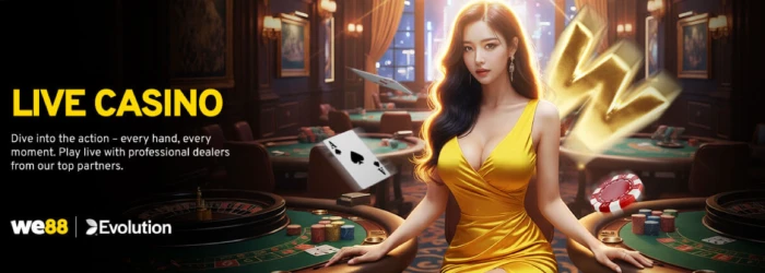 WE88 live casino feature graphic with a dealer table and Evolution Gaming branding