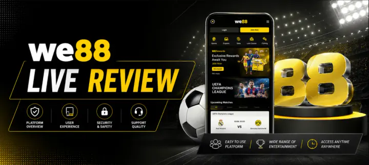 WE88 Live Review banner showing the WE88 mobile app with sportsbook matches and rewards