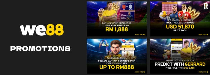 WE88 promotions feature graphic showing a collage of four campaign banners