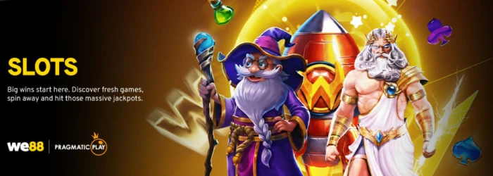 WE88 slots feature graphic with a wizard character and Pragmatic Play branding