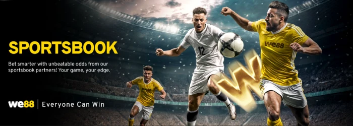 WE88 sportsbook feature graphic with footballers in action